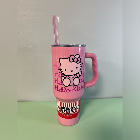 Hello Kitty Waving Pink Stainless Steel Tumbler with Handle and Straw, 40 Ounces - Picture 1 of 10